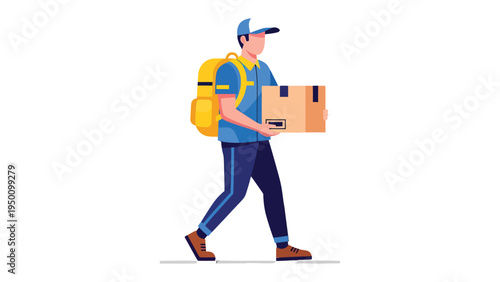 Courier's Route: A delivery person strides forward, carrying a package and a backpack, symbolizing the fast and efficient of parcel