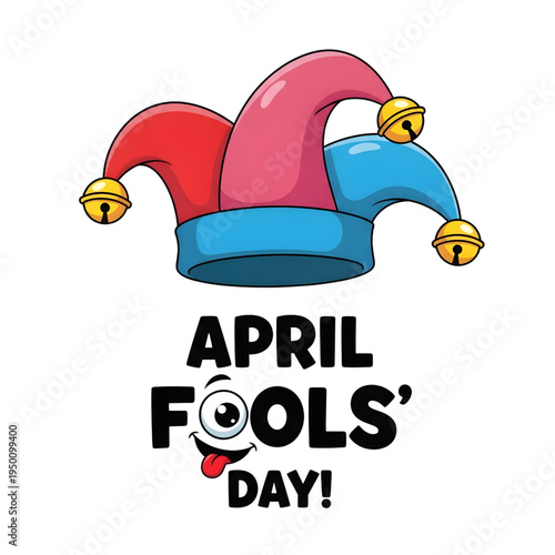 Colorful jester hat with april fools' day text on white background humor and prank concept
