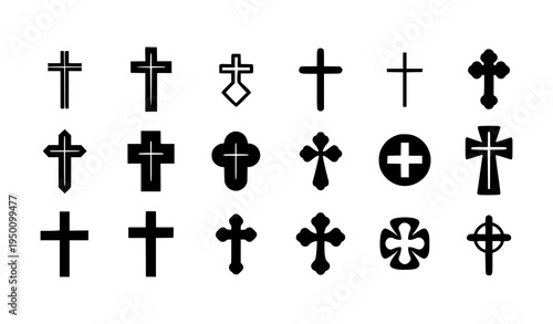 Christian cross icon vector set with abstract religious cross symbols