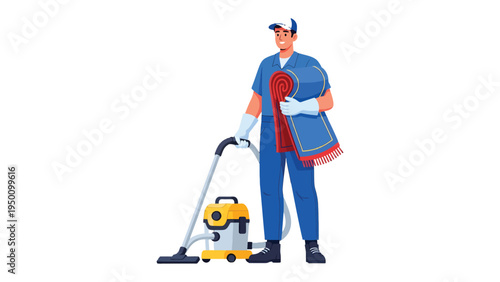 The Dedicated Professional Cleaner: A skilled cleaning professional stands ready with a vacuum cleaner and rug, poised to transform spaces into havens of cleanliness and freshness.