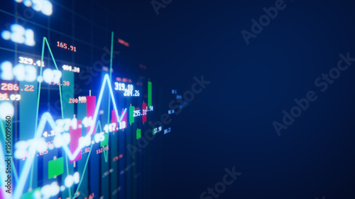 Economic data showing real time candlestick charts and lines on a digital screen
