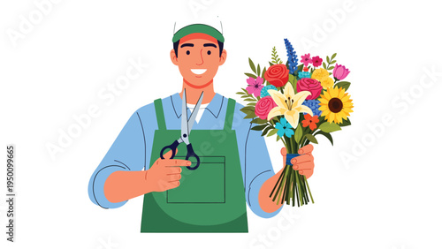 The Art of Floral Creation: A skilled florist meticulously arranges a vibrant bouquet of fresh flowers, using his expertise to create a beautiful floral masterpiece.