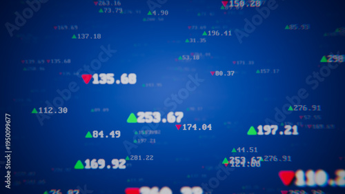 Changing stock market ticker numbers with prices and indexes on a blue financial background.