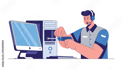 Tech Support at Work: A tech specialist, equipped with a headset, meticulously troubleshoots a computer, showcasing technical expertise in a modern work environment. 