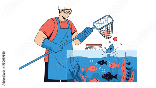 Caring for Aquatic Life: A dedicated caretaker cleans an aquarium, using a net and brush to ensure the health of the aquatic life.
