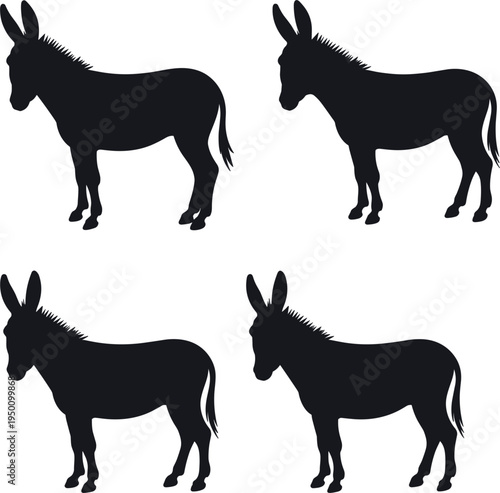 Set of donkey silhouettes in standing poses, farm animal black icon collection for rural design concepts
