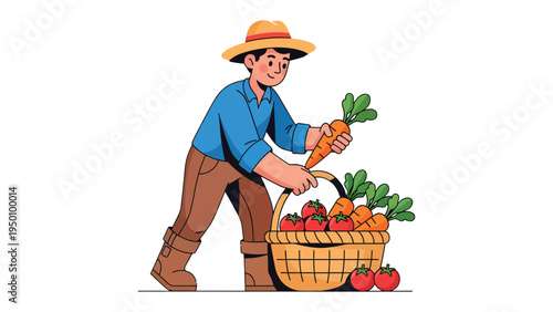Farmer's Harvest Bounty: A farmer, adorned in a straw hat, carefully selects and places fresh vegetables into a woven basket, celebrating the fruits of labor and the season's abundance.