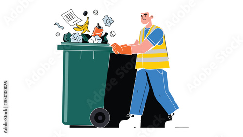 Waste Management: A dedicated waste collector diligently manages a brimming garbage can, ensuring cleanliness and order.