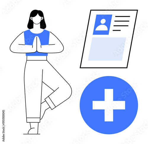 Wellness is highlighted with yoga pose, medical symbol, and profile document emphasizing health balance. Wellness merges fitness, self-care, preventive health, and digital records. For healthcare