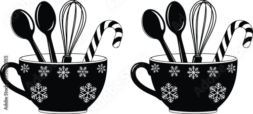 Christmas kitchen cup with utensils illustration, holiday baking tools in mug with candy cane, festive cooking vector icon