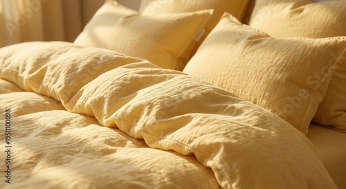 Close-up of soft cotton bedding and pillows in Butter Yellow color. Warm morning sunlight hitting the fabric folds.