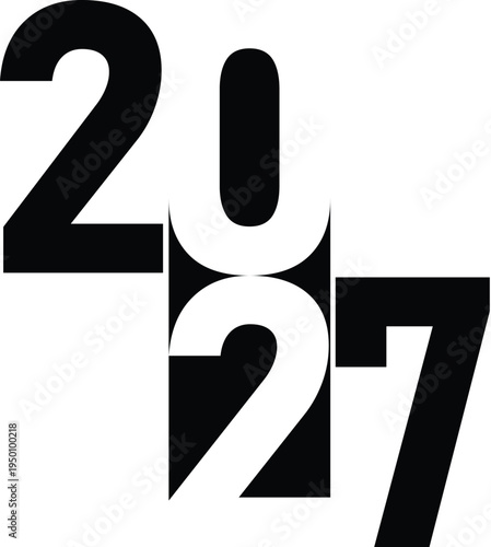 Bold typography for year twenty twenty seven with overlapping black numbers and negative space geometric styling for calendar layout or marketing material on transparent checkerboard grid background