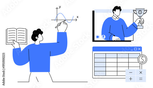 Man solving mathematical problems with graphs, presenting and learning with digital tools and financial planning with spreadsheets. Ideal for education, e-learning, analytics, productivity
