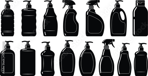 Cleaning product bottles silhouettes set, spray detergent soap dispenser containers collection, household hygiene packaging vector illustration