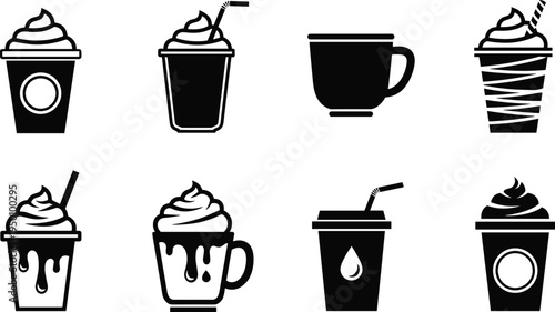 Coffee and milkshake drink icons set, takeaway beverage cups collection, cafe drinks silhouette vector illustration for menu