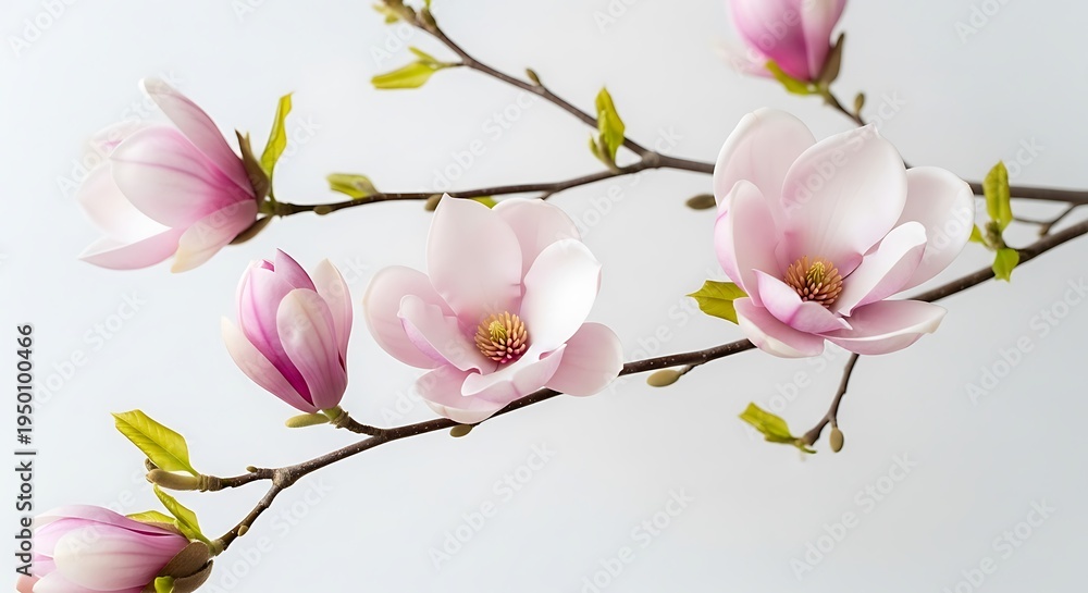 Obraz premium Elegant sprig with delicate pink blooms and buds against a soft, plain backdrop