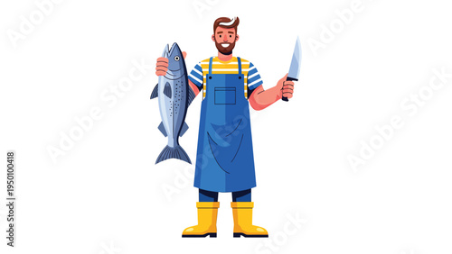 Fisherman with Fresh Catch: A jovial fisherman stands proudly, holding a freshly caught fish in one hand and a sharp knife in the other, showcasing his day's bounty.