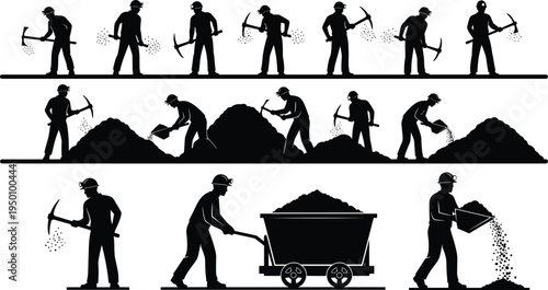 Coal miner workers silhouettes set, mining laborers with pickaxe digging and loading coal into cart, underground industry workforce vector illustration