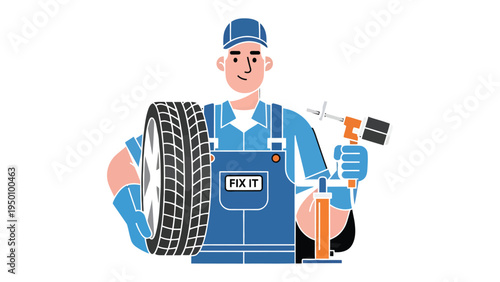 Mechanic and Wheel: A skilled mechanic, equipped with tools, confidently poses, a car wheel, ready to provide service and expertise for the automotive repair. 