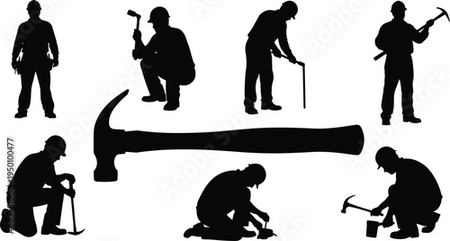 Carpenter and construction worker silhouettes set, handyman using hammer and tools, manual labor builder collection, woodworking and repair industry vector illustration