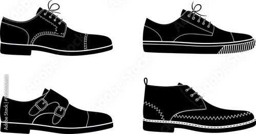 Set of men formal footwear silhouettes including oxford, monk strap and classic dress shoes, black icons
