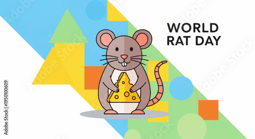 Cute cartoon rat holding cheese on colorful geometric shapes background world rat day