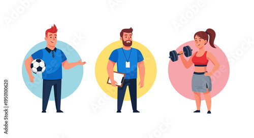 Cartoon illustration of three fitness enthusiasts with various exercise and sports equipment