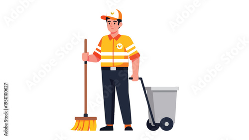Clean Streets' Guardian: A dedicated street cleaner, embodying civic duty, diligently sweeps a city street, maintaining cleanliness, and carrying a waste bin.