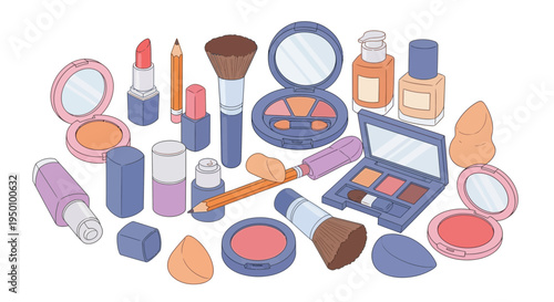 Collection of various makeup products and tools on a white background
