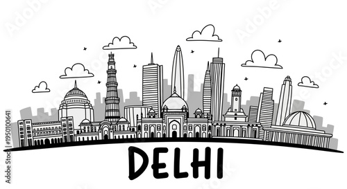 Delhi city skyline illustration with famous landmarks and modern architecture