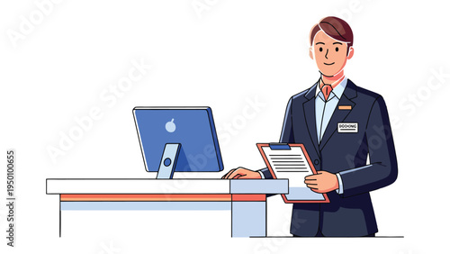 Receptionist at Desk: A professional receptionist stands attentively behind a desk, poised with a clipboard. ready to assist and provide information in a sleek, modern office setting.