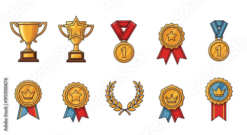 Collection of award icons featuring trophies medals and ribbons