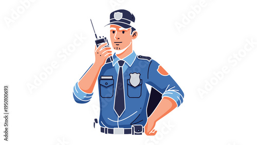 Law Enforcement Communication: A police officer in a classic uniform is engaged in an active radio conversation, ready to respond to any situation that may arise.