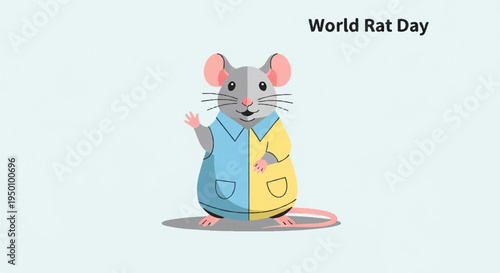 Cute cartoon mouse in blue and yellow jacket celebrating world rat day on light background