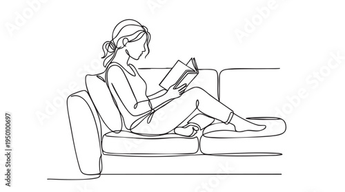 Elegant single line drawing of a woman sitting relaxed on a sofa, engrossed in reading a book, conveying peace and leisure.