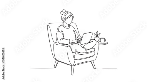 A woman sits comfortably in a chair wearing headphones and typing on a laptop, with a plant and coffee on a side table.