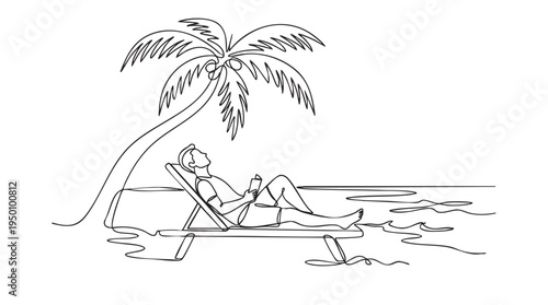 A minimalist, single-line drawing depicts a man reclining on a beach chair under a palm tree, holding a book, with the ocean in the background.