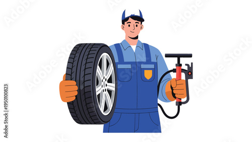 Mechanic with Tire: A skilled mechanic, equipped with tire and the air pump, is ready to repair and maintain vehicles. A visual representation of service and reliability.