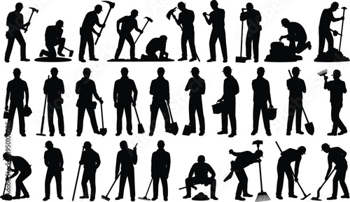 Construction and maintenance workers silhouettes set, laborers with shovel hammer rake and tools, industrial builder workforce collection, manual labor vector illustration
