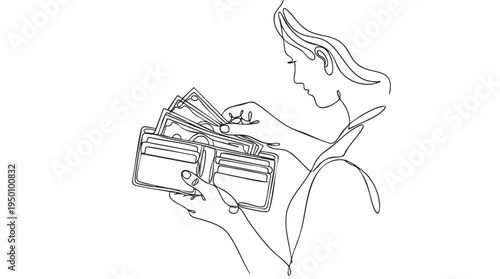 Minimalist line art depicts a person's hands holding an open wallet filled with banknotes, representing finance and financial management.