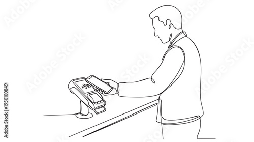 A single line drawing shows a man making a contactless payment using his smartphone at a terminal, illustrating modern transactions.