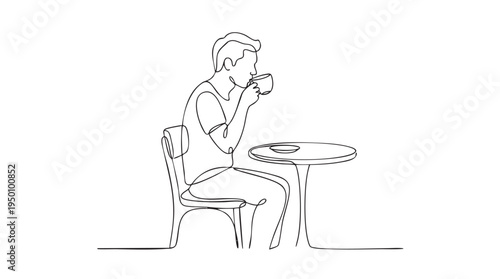 A minimalist single line drawing depicts a man sitting at a small round table, enjoying a cup of coffee in a relaxed pose.