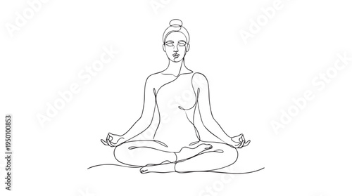 Minimalist line art illustration of a woman in a serene meditation pose, embodying peace and mindfulness. Ideal for wellness and lifestyle content.