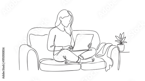 A minimalist, single-line drawing depicts a woman sitting comfortably on a couch with her legs crossed, engrossed in using a laptop, with a potted plant nearby.