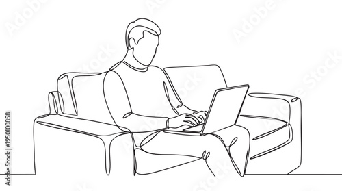Minimalist single line drawing of a man sitting on a sofa and typing on a laptop, conveying modern lifestyle and remote work.