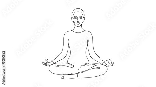 A minimalist black and white line art illustration of a woman in a meditation pose, conveying peace and serenity.