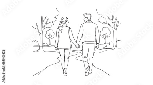A minimalist line art illustration of a couple walking hand-in-hand down a path in a park with trees, conveying a sense of connection and romance.