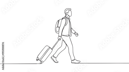 A minimalist illustration of a man with a backpack and rolling suitcase walking with a determined stride against a stark white background.