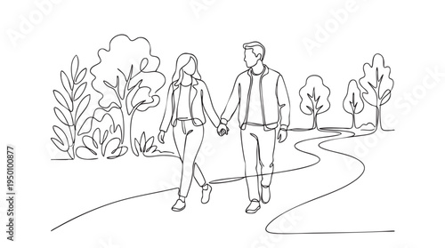 A minimalist, continuous line drawing depicts a couple walking hand in hand on a winding path through a park, surrounded by stylized trees and foliage.