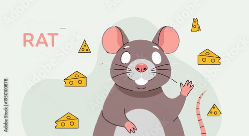 Cute cartoon rat surrounded by cheese slices and wedges on a light background